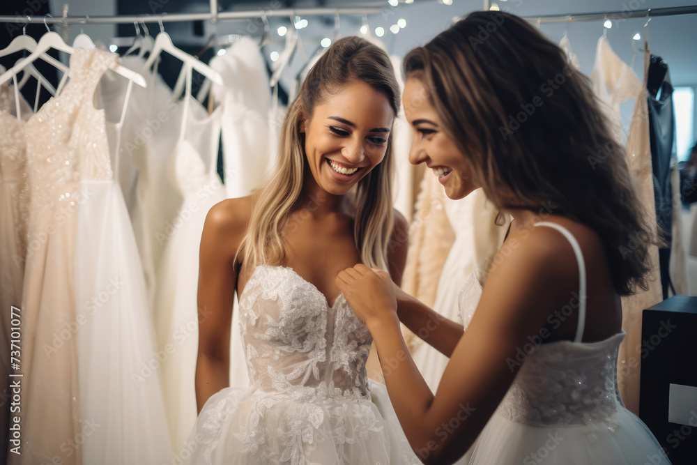 Two latino girls trying on wedding dresses in wedding salon. LGBT couple. Gorgeous young woman trying on a wedding dress in the dressing room with the help of her girlfriend Two latino girls trying on wedding dresses in wedding salon. LGBT couple. Gorgeous young woman trying on a wedding dress in the dressing room with the help of her girlfriend