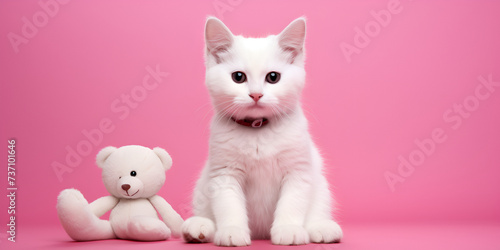 A white cat and fluffy white cartoon dog with a pink nose and a pink background Cute white cat love themed animation style pink background Ai Generative © Hafiz