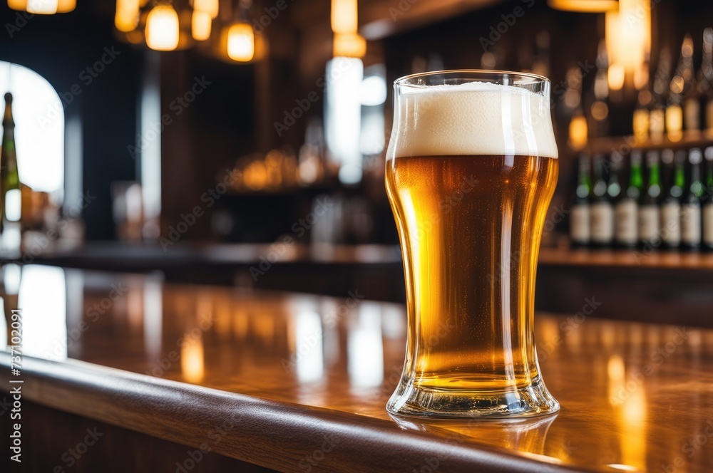 Chilled Beer Glass on Bar Counter Chilled Beer Glass on Bar Counter