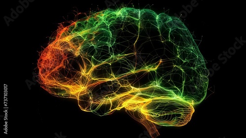 Gehirnströme als Licht dargestellt. Verbindung von Nervenzellen ergeben ein Muster von einem Gehirn. Ideal zur Darstellung von Gedanken im Menschen. photo