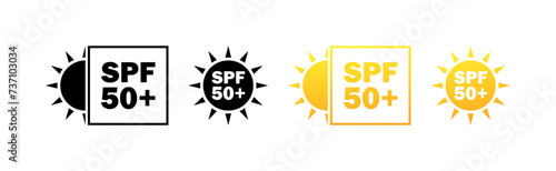 SPF 50+ sun icons. Sun protection. Silhouette and flat style. Vector icons