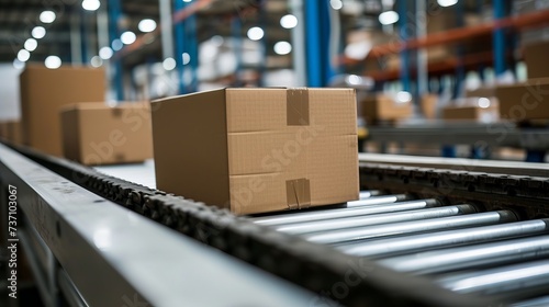 Multiple cardboard box packages moving along conveyor belt in warehouse facility