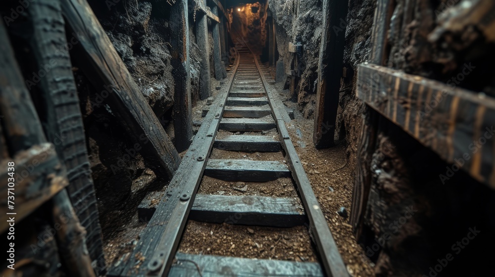 Exploring the depths of a modern and narrow gold mine gallery with gleaming walls Exploring the depths of a modern and narrow gold mine gallery with gleaming walls