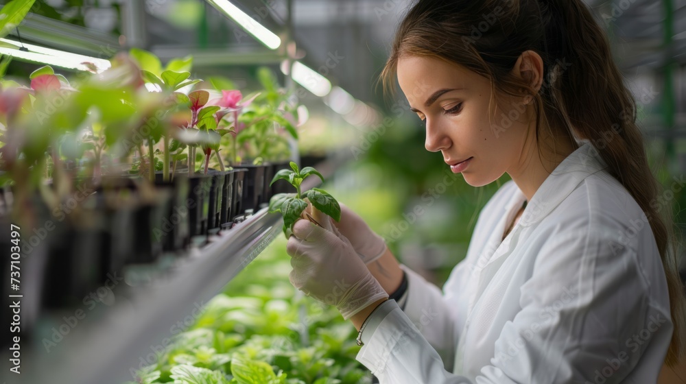 Mitarbeiterin im Gewächshaus. Kräuter und Blumen einpflanzen als