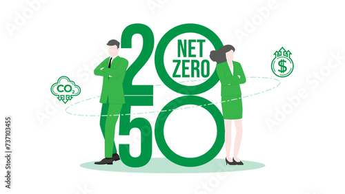 Achieving Environmental Goals in Sustainable Business Environment with Confident Businessman and Businesswoman standing pose with 2050 Net zero goal.