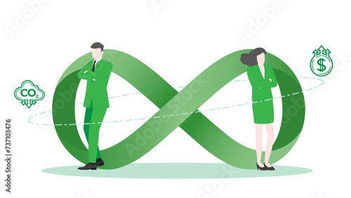 Environmental Goals in Sustainable Business Environment with Confident Businessman and Businesswoman standing pose with Infinity Symbol.