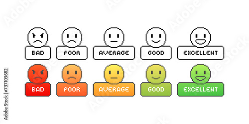 Emoji rating icon set. Bad, Poor, Average, Good, Excellent ratings. Linear and flat style. Vector icons