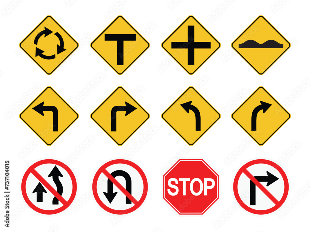 Set of Road Signs, arrow caution or danger sign, direction icon and information, stop, no bikes, no turn Set of Road Signs, arrow caution or danger sign, direction icon and information, stop, no bikes, no turn