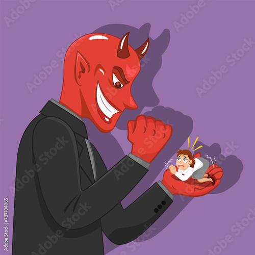 The big devil boss holding small female employee in hand. Concept of devil in workplace.illustration vector eps10 cartoon. 