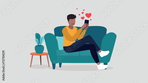 Vektor-Illustration eines Mannes der mit seinem Smartphone auf einer Online-Dating-Plattform flirtet - Dating-Konzept