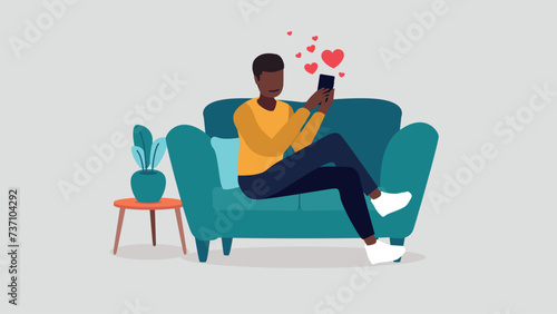 Vektor-Illustration eines Mannes der mit seinem Smartphone auf einer Online-Dating-Plattform flirtet - Dating-Konzept