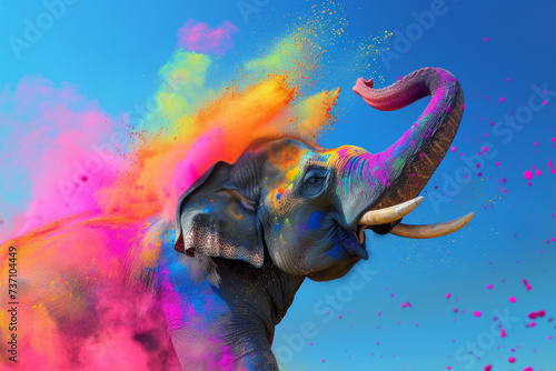 An elephant at India s Holi festival of colors. Festival of colors  colorful rainbow holi paint color powder explosion with clear blue sky panorama. Happy Holi colorful background.