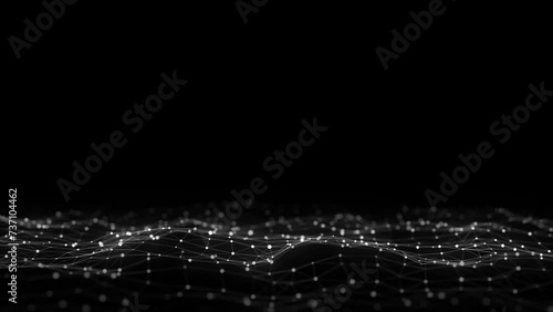 Dark cyberspace in digital background. Abstract technology black wave with motion dots and lines. Connection big data. Futuristic wireframe texture. Analysis a network connection. 3D rendering.