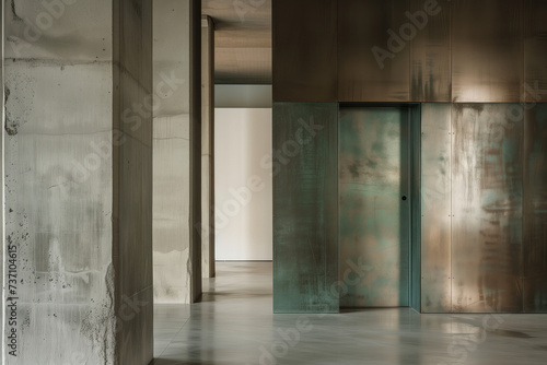 minimalist room with tall concrete pillars and brushed metal walls. background image. created with generative ai technology