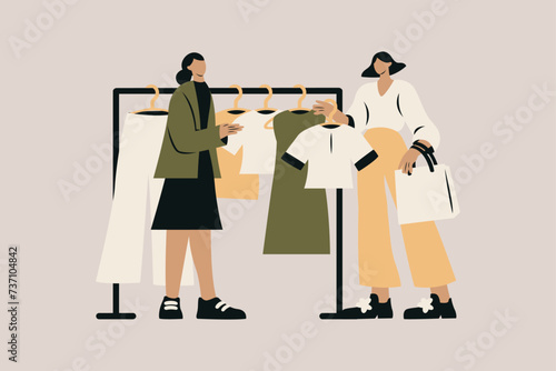 Extroverted Woman Shopping with Her Friend Vector Illustration