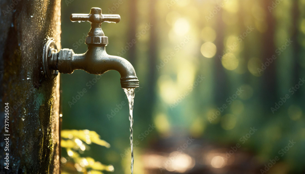 A metal water tap with water dripping from it.green forest background space. to the right of image and for your own text.World Water Day.Copy space. - obrazy, fototapety, plakaty 