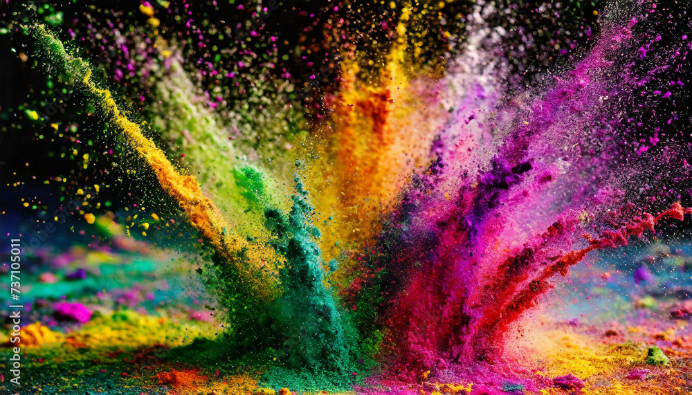 Holiday Holi concept.An explosion of multicolored paint, bright vibrant pigments, powder texture. Background for hindu design.Indian culture concept.
