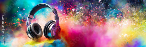 World music day banner.A headset,headphones on the abstract dust,colorful background.Music day event and musical instruments colorful design.Copy space. photo