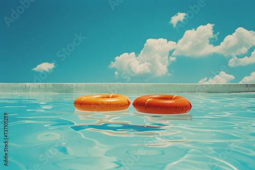 Sunny summer composition in bright pastel colors. Colorful swimming rings in the pool with a clear blue sky in the background.