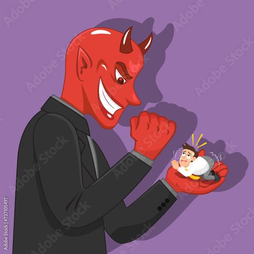 The big devil boss holding small employee in hand. Concept of devil in workplace.illustration vector eps10 cartoon.