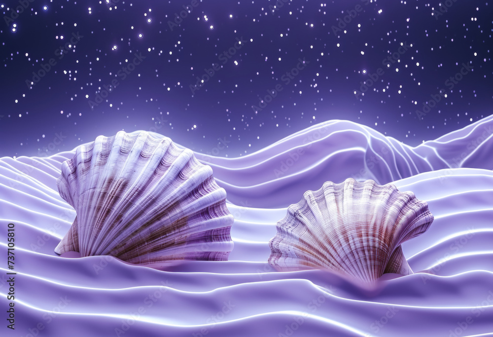 Seashells on abstract spectrum neon colors. Summer trendy colorful concept. Iridescent, holographic gradient, soft pastel colors backdrop. Seashells on abstract spectrum neon colors. Summer trendy colorful concept. Iridescent, holographic gradient, soft pastel colors backdrop.