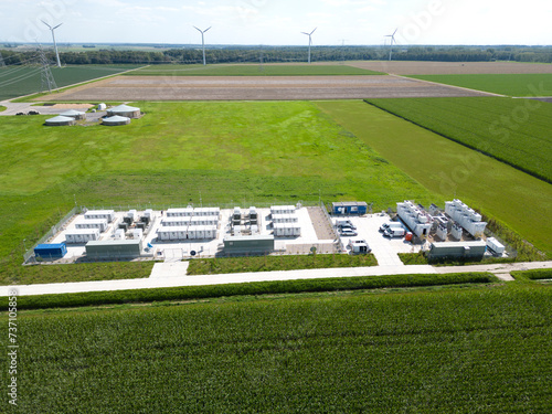 Batteries for energy storage supplying and stabilizing a larger amount of renewable energy to the electric grid, Flevopolder, The Netherlands
