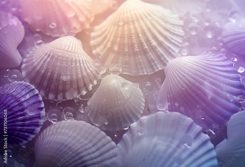 Seashells on abstract spectrum neon colors. Summer trendy colorful concept. Iridescent, holographic gradient, soft pastel colors backdrop. Seashells on abstract spectrum neon colors. Summer trendy colorful concept. Iridescent, holographic gradient, soft pastel colors backdrop.