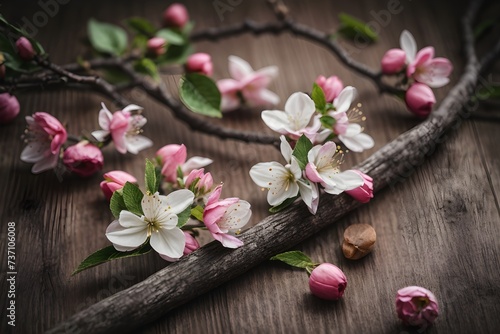 Spring Banner cherry blossom on wooden background  plank.