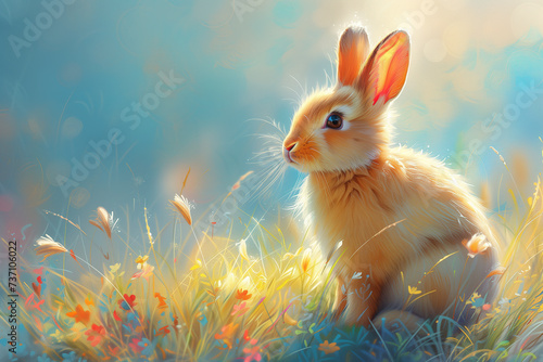 Cute Easter bunny. Oil painting in impressionism style.