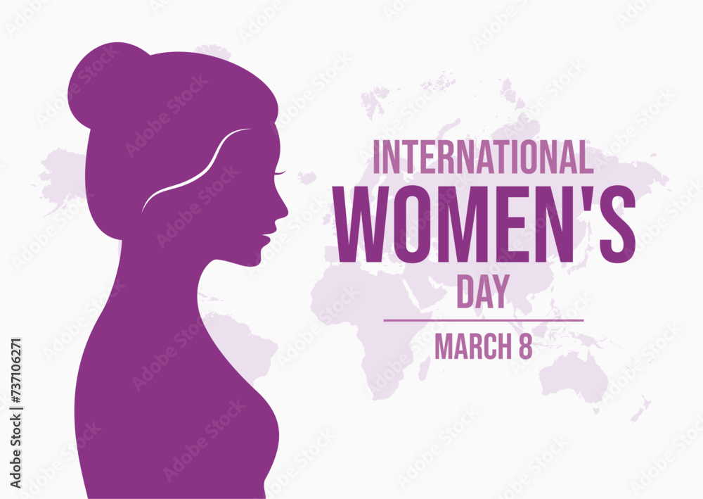 International Women's Day poster with woman face in profile purple silhouette vector illustration. Girl in profile vector. Template for background, banner, card. Women's rights movement. March 8.