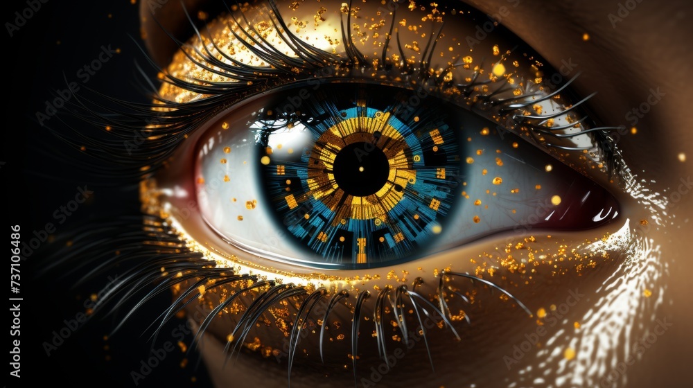 Futuristic eye art blending organic and tech elements, symbolizing all seeing power