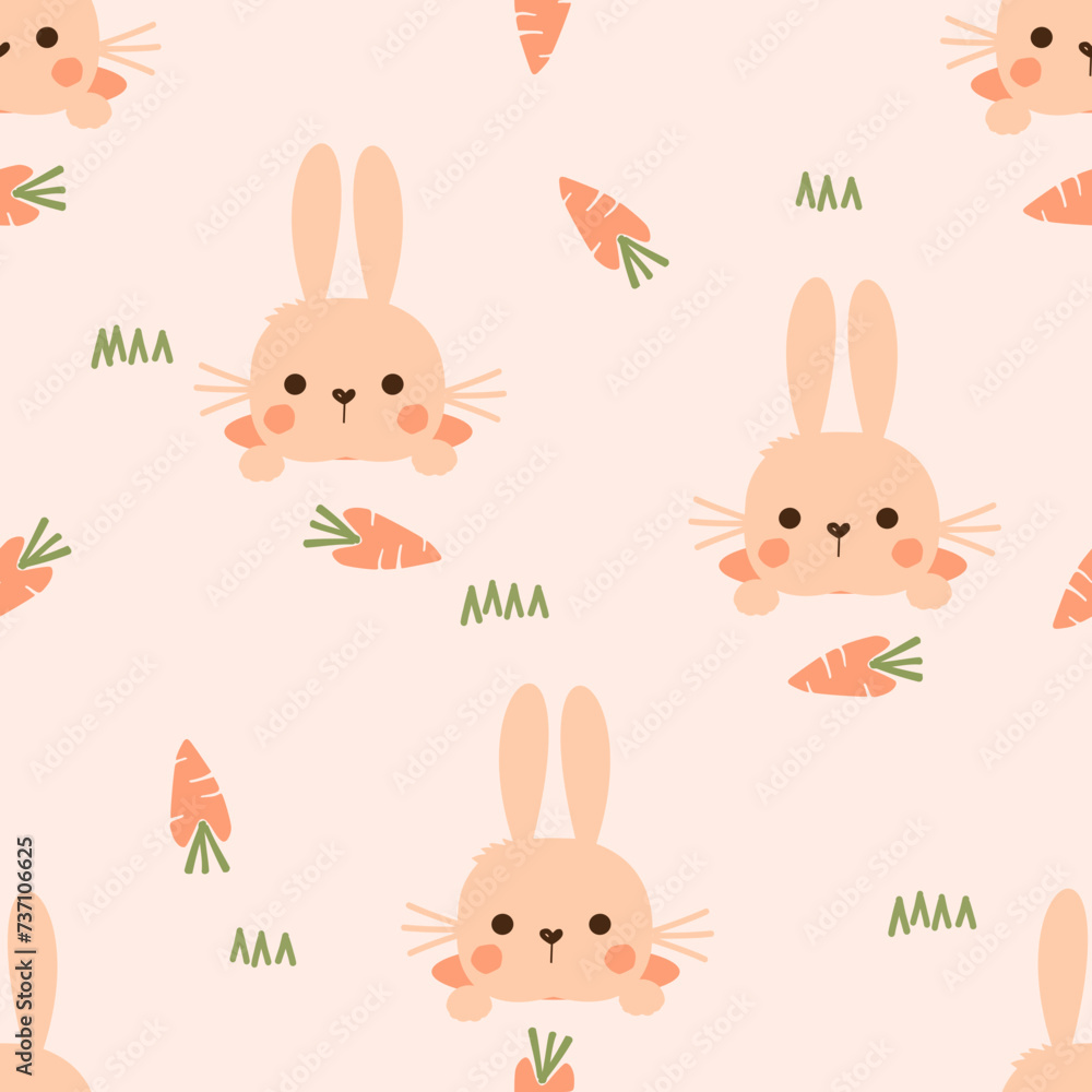 Seamless pattern with bunny rabbit cartoons and carrot on orange background vector illustration. Seamless pattern with bunny rabbit cartoons and carrot on orange background vector illustration.
