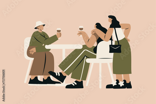 Women and Friend Talk while Sitting at Table Vector Illustration