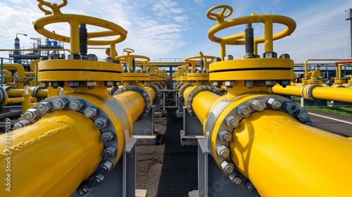 Fototapeta Naklejka Na Ścianę i Meble -  Gas pipelines and valves on distribution station with blue sky, industrial image with text space