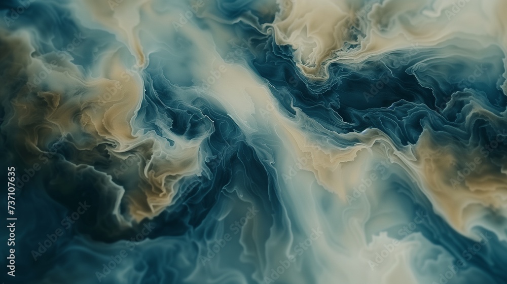 An abstract fluid pattern in a mix of oceanic blue and sandy beige, reminiscent of a serene beachscape. - obrazy, fototapety, plakaty 
