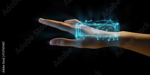 Human hand wearing glowing digital holographic glove on black background