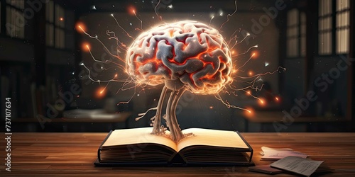 Human brain exploding over open book photo