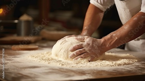 kneading lump of white dough in a bakery