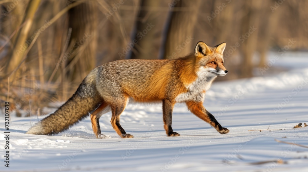 Red fox in winter forest, vibrant animal amidst snow in nature with a blurred background