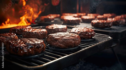 sizzling burger patties on a portable grill above a fire