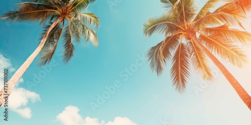 Vintage Tropical Beach Blue Sky and Palm Trees View