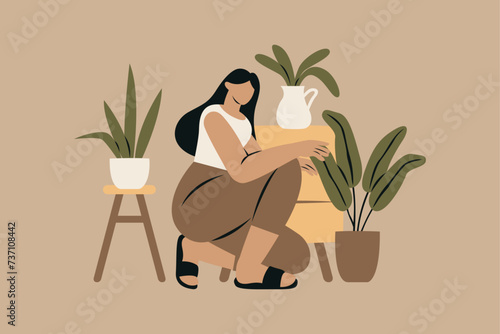 Introverted Woman and Plants Vector Illustration