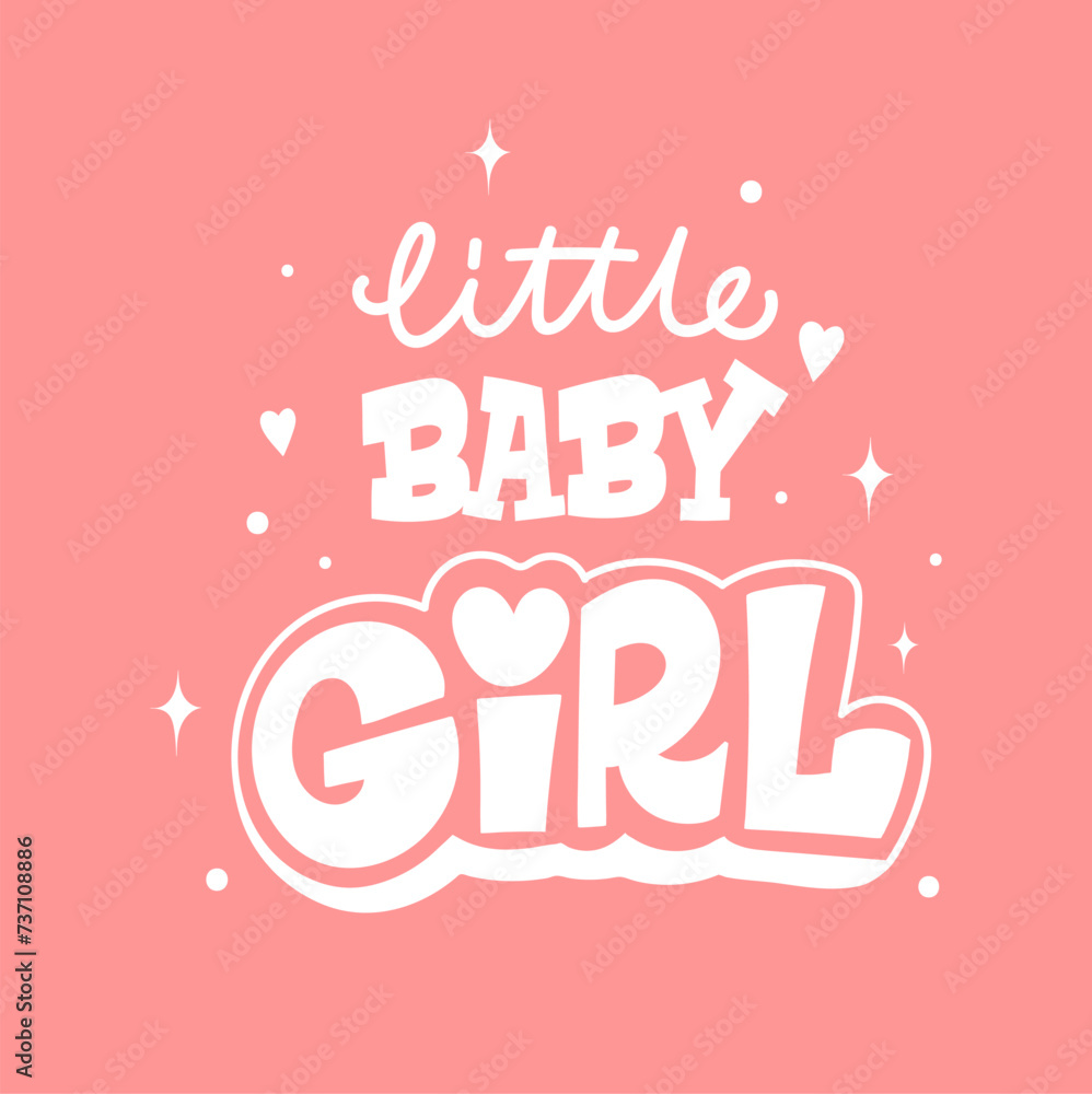 Lettering for little baby girl. Hand Drawn Text Baby shower design card for invitation. Vector template on pink background