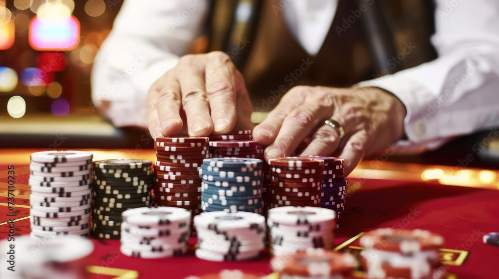 male hands holding chips at a table in a casino, playing poker close-up male hands holding chips at a table in a casino, playing poker close-up