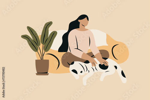 Introverted Woman Playing with Dog Vector Illustration