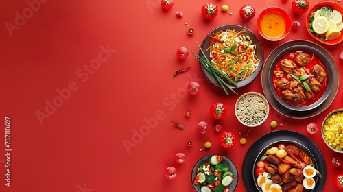 chinese new year festival table over red background. Traditional lunar new year food. Flat lay, top view