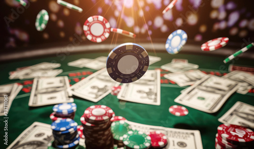 gambling chips in the casino fly and fall on the table with money in the rays of light photo
