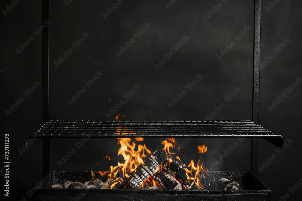 Obraz premium black grill grate with fire and coals on a black background, copy space