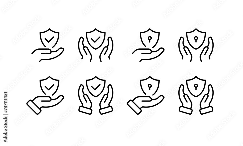 Shield in hands icons set. Protection design. Linear style. Vector icons Shield in hands icons set. Protection design. Linear style. Vector icons