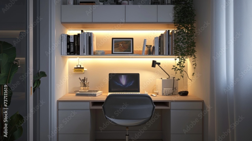Compact and organised work nook with a floating desk. Generative ai, Compact and organised work nook with a floating desk. Generative ai,